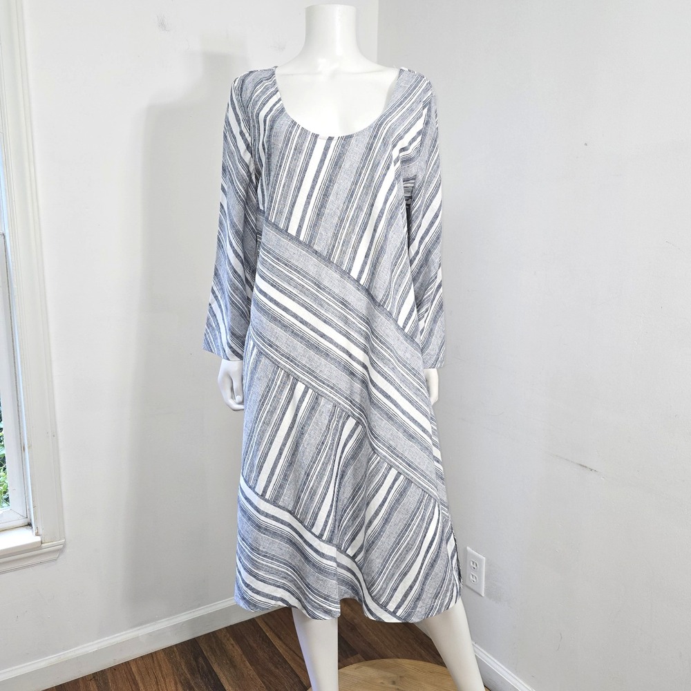 Soft Surroundings Sonya Linen Blend Dress Midi Size XL Chambray Mixed Stripe NWT